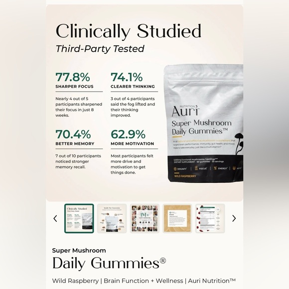 NEW Auri Super Mushroom Daily Gummies Wild Raspberry Brain Focus Wellness - Picture 5 of 6